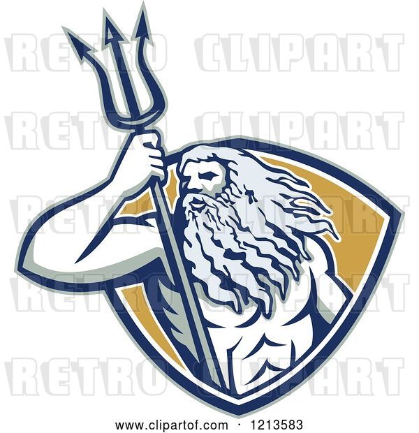 Vector Clip Art of Retro Neptune or Poseidon with a Trident in a Shield
