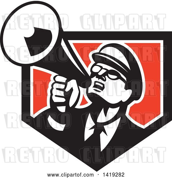 Vector Clip Art of Retro Nerdy Guy Shouting Upwards with a Megaphone in a Black White and Red Shield