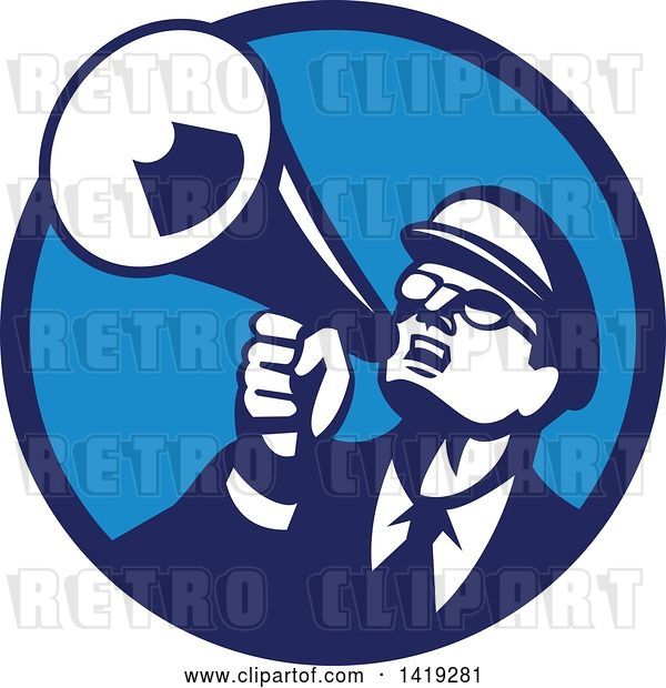 Vector Clip Art of Retro Nerdy Guy Shouting Upwards with a Megaphone in a Blue Circle