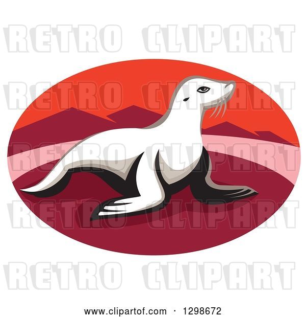 Vector Clip Art of Retro New Zealand Fur Seal on a Red Beach with Mountains in an Oval