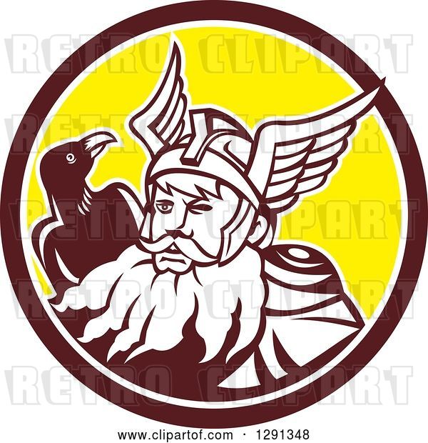 Vector Clip Art of Retro Norse Mythology God Odin with a Crow in a Brown White and Yellow Circle