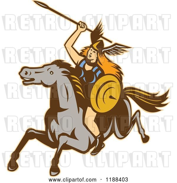 Vector Clip Art of Retro Norse Valkyrie Warrior with a Spear on Horseback 2