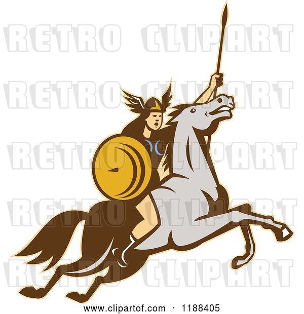 Vector Clip Art of Retro Norse Valkyrie Warrior with a Spear on Horseback 4