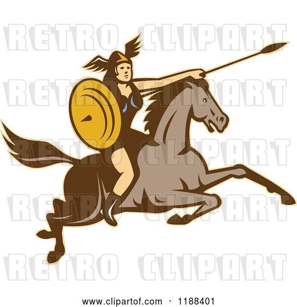 Vector Clip Art of Retro Norse Valkyrie Warrior with a Spear on Horseback 5