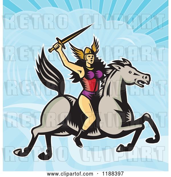 Vector Clip Art of Retro Norse Valkyrie Warrior with a Spear on Horseback Against a Sky