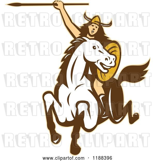 Vector Clip Art of Retro Norse Valkyrie Warrior with a Spear on Horseback