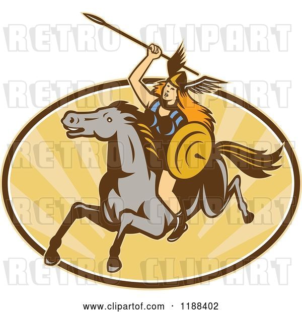 Vector Clip Art of Retro Norse Valkyrie Warrior with a Spear on Horseback over an Oval of Rays 2