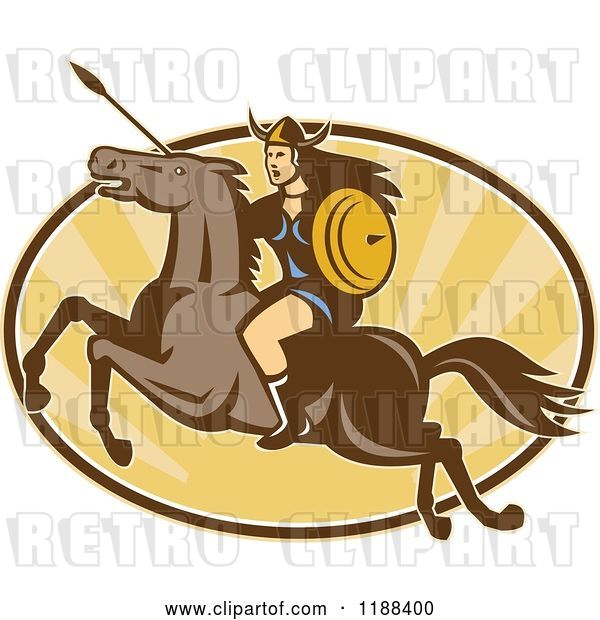 Vector Clip Art of Retro Norse Valkyrie Warrior with a Spear on Horseback over an Oval of Rays 3
