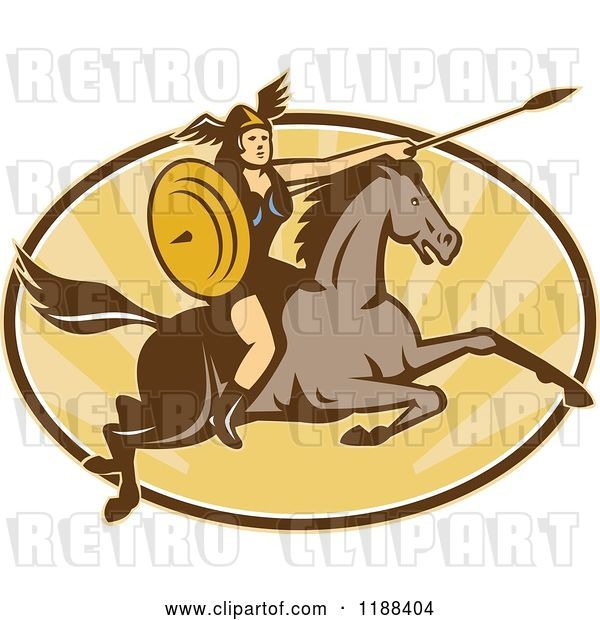 Vector Clip Art of Retro Norse Valkyrie Warrior with a Spear on Horseback over an Oval of Rays 4