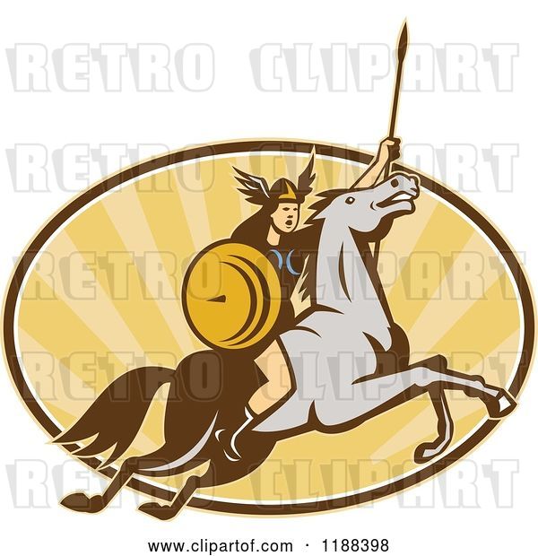 Vector Clip Art of Retro Norse Valkyrie Warrior with a Spear on Horseback over an Oval of Rays 5