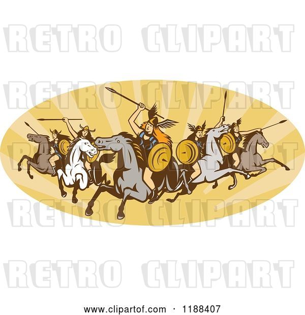 Vector Clip Art of Retro Norse Valkyrie Warriors with Spears on Horseback in an Oval of Rays