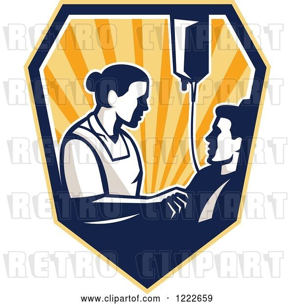 Vector Clip Art of Retro Nurse Tending to a Patient with an Iv Drip in a Shield of Rays
