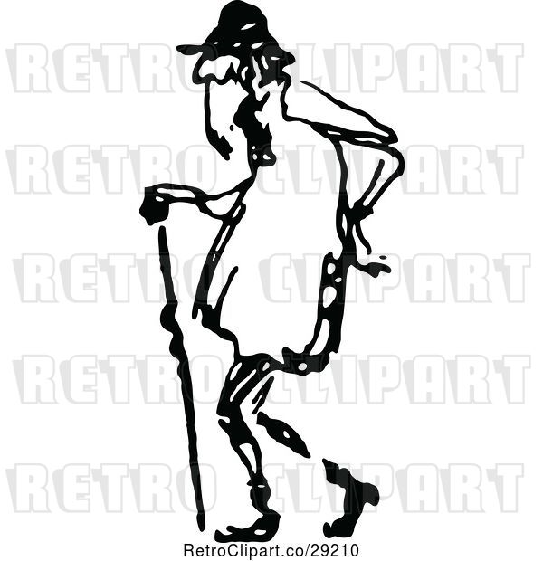 Vector Clip Art of Retro Old Guy Walking with a Cane