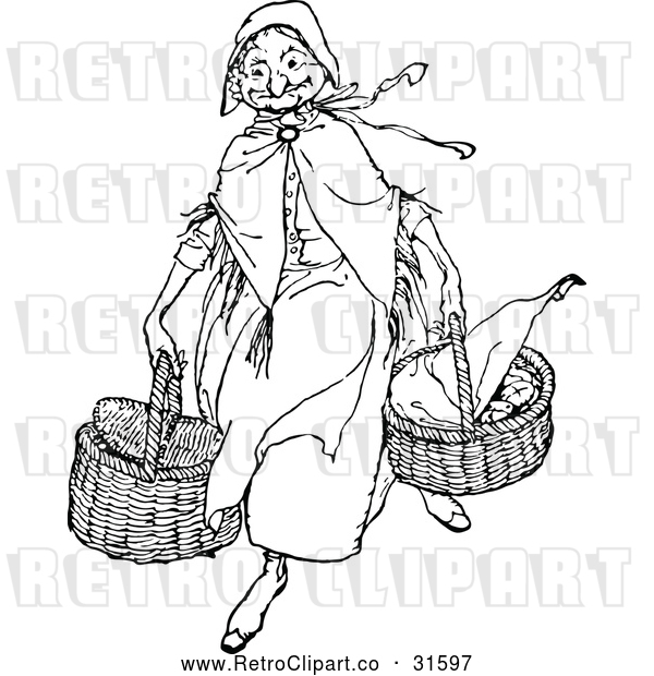 Vector Clip Art of Retro Old Lady Carying Baskets