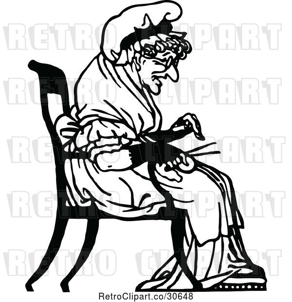Vector Clip Art of Retro Old Lady Knitting
