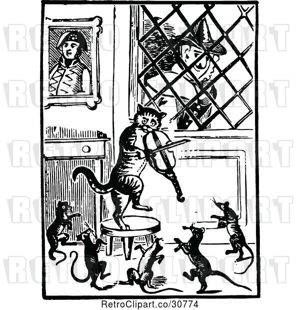 Vector Clip Art of Retro Old Lady Watching Her Fiddle Cat and Dancing Mice