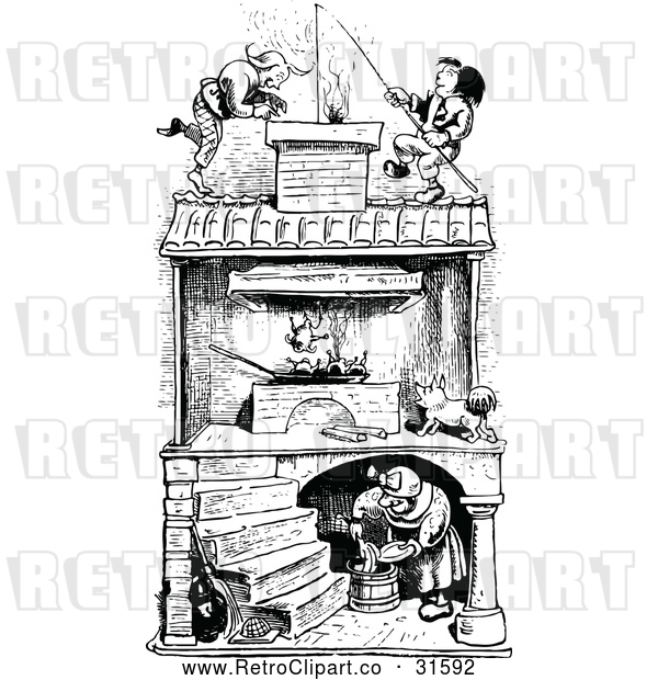 Vector Clip Art of Retro Old Woman Roasting Chickens with Men on the Roof