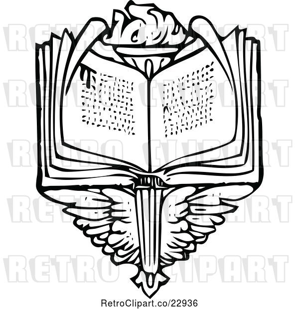 Vector Clip Art of Retro Open Book over Wings and a Torch