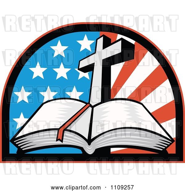 Vector Clip Art of Retro Open Holy Bible with a Cross over an American Flag Arch
