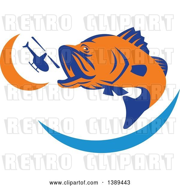 Vector Clip Art of Retro Orange and Blue Barramundi Asian Sea Bass Fish Jumping and Swallowing a Helicopter