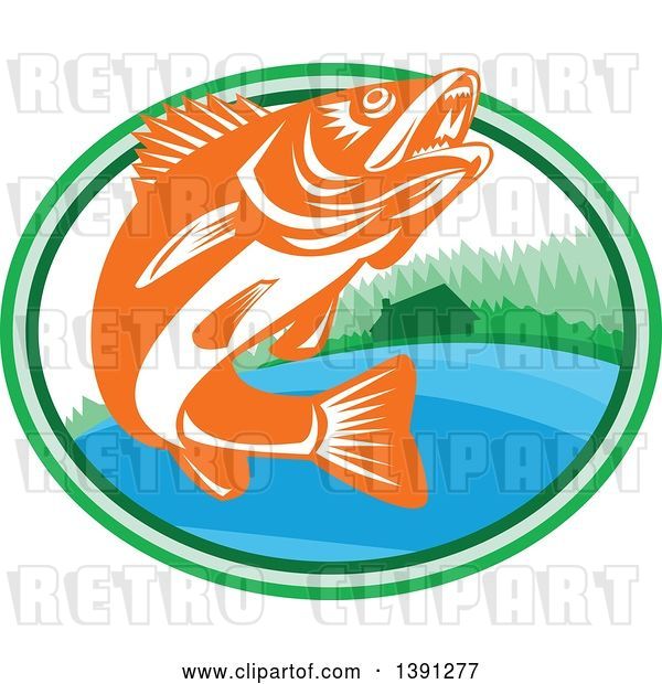 Vector Clip Art of Retro Orange and White Walleye Fish Jumping in an Oval with a Lake Front Cabin