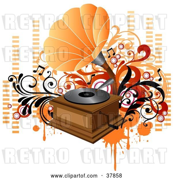 Vector Clip Art of Retro Orange and Wooden Phonograph Playing Music, with Orange and Red Vines, Circles and Equalizer Bars