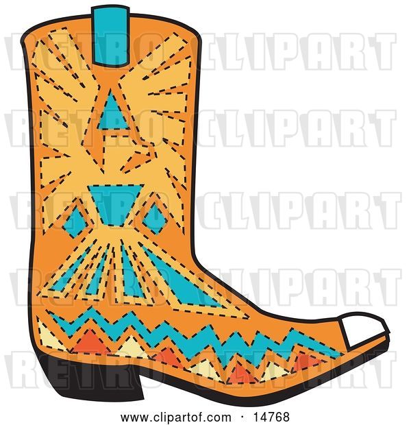 Vector Clip Art of Retro Orange Aztec Style Cowboy Boot with Blue and Yellow Accents Around a Bird