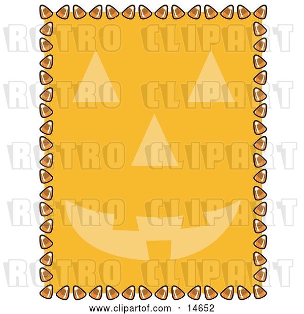 Vector Clip Art of Retro Orange Background with a Jack O Lantern Face and a Border of Candy Corn