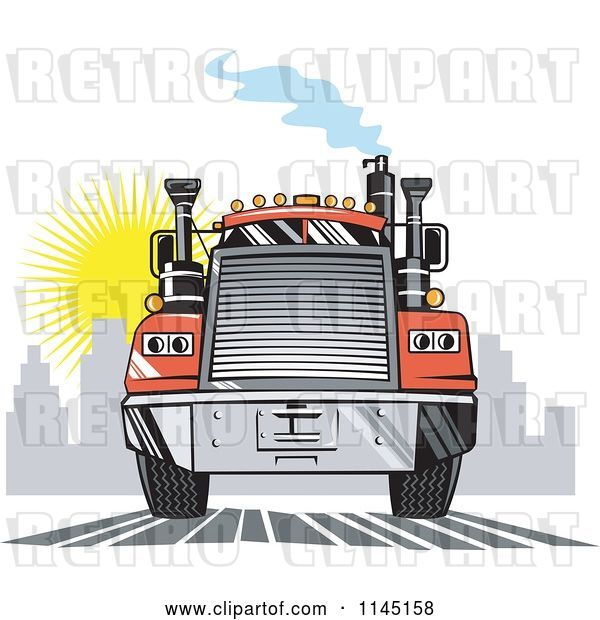 Vector Clip Art of Retro Orange Big Rig Truck Leaving a City