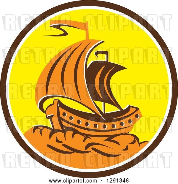 Vector Clip Art of Retro Orange Galleon Tall Ship in a Brown White and Yellow Circle