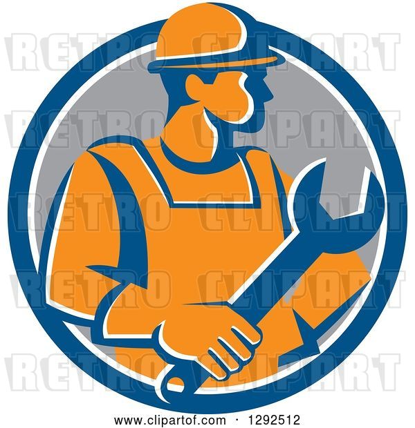 Vector Clip Art of Retro Orange Male Construction Worker Holding a Giant Wrench in a Blue White and Gray Circle