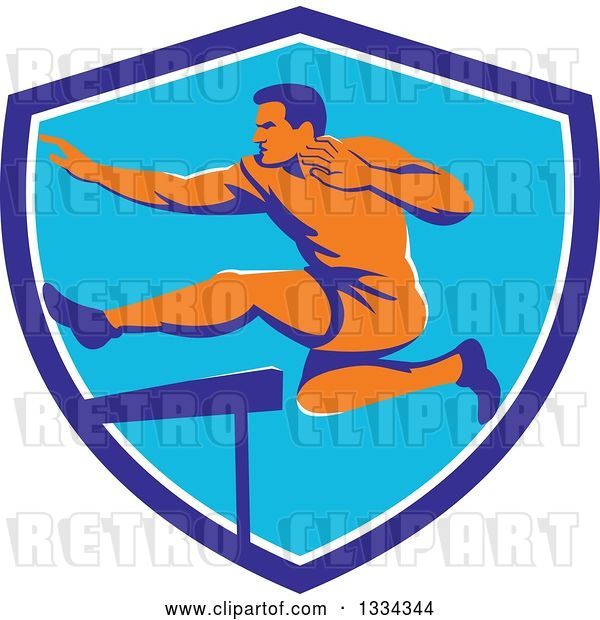 Vector Clip Art of Retro Orange Male Track and Field Athlete Running and Leaping Hurdles in a Blue and White Shield