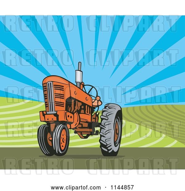 Vector Clip Art of Retro Orange Tractor in a Field 1