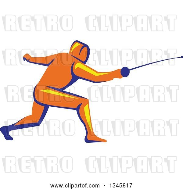 Vector Clip Art of Retro Orange Yellow and Blue Guy Fencing