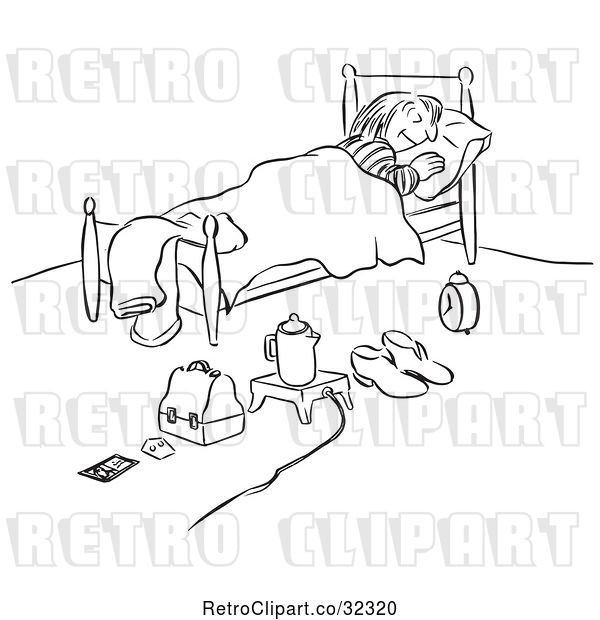 Vector Clip Art of Retro Organized Lady Sleeping with Everything Ready for Morning