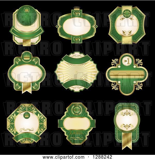 Vector Clip Art of Retro Ornate Gold and Green Blank Labels on Black