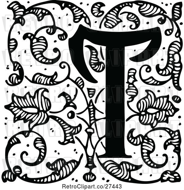 Vector Clip Art of Retro Ornate Letter T with Vines