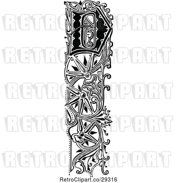 Vector Clip Art of Retro Ornate Vertical Alphabet Letter Floral D