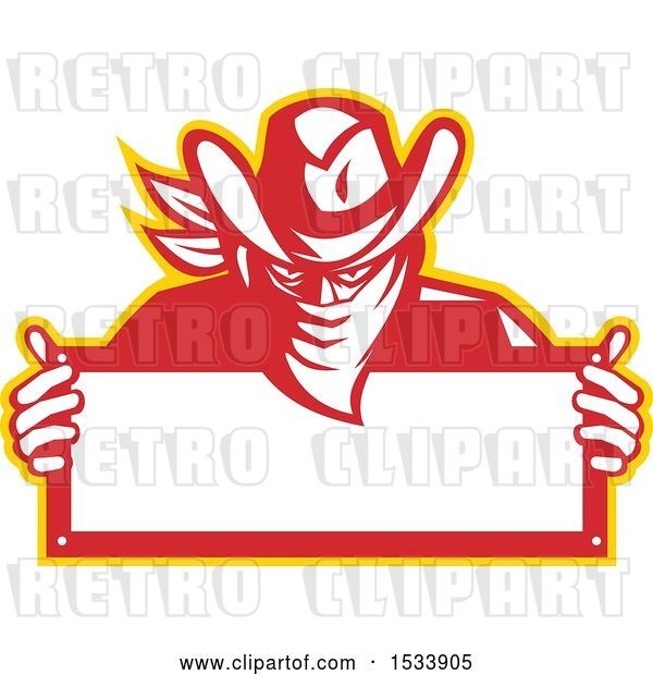 Vector Clip Art of Retro Outlaw Wearing a Bandana over His Face and Holding a Blank Sign