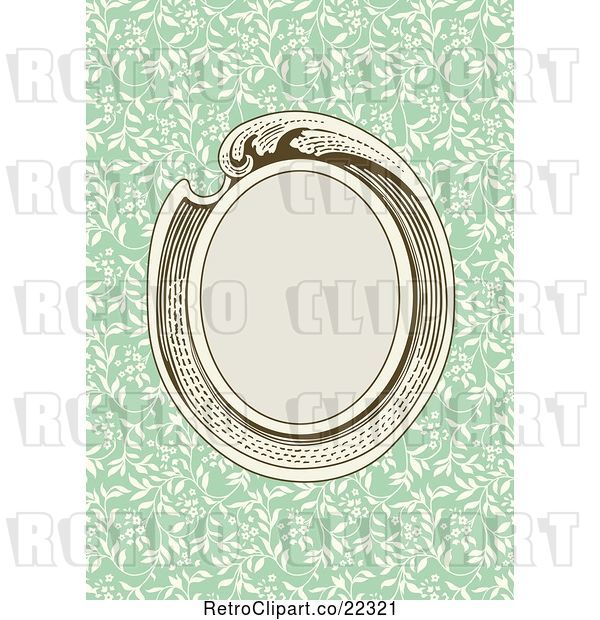Vector Clip Art of Retro Oval Frame over Green with Biege Vines