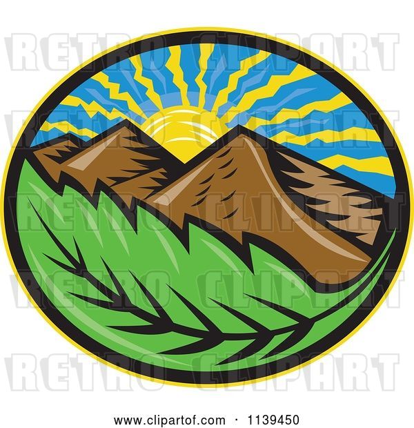 Vector Clip Art of Retro Oval of the Sun Mountains and Leaf
