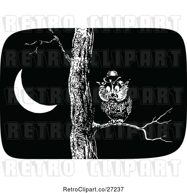 Vector Clip Art of Retro Owl in a Tree at Night