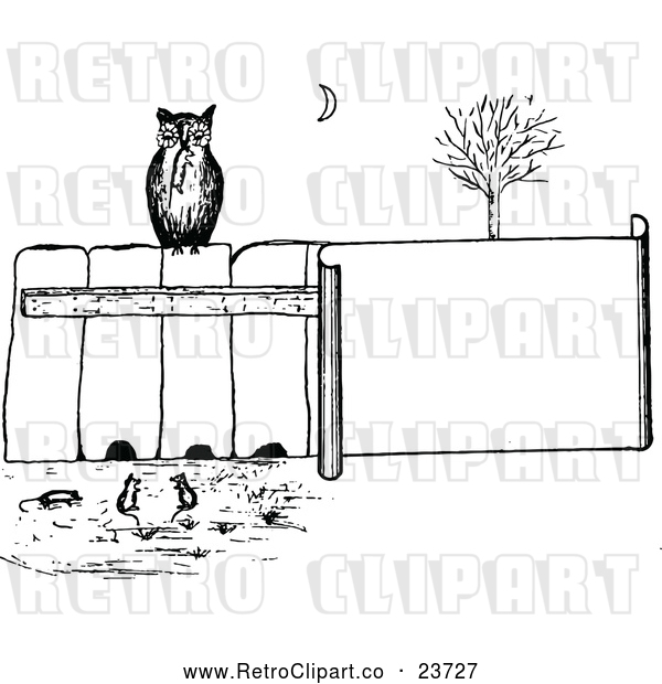 Vector Clip Art of Retro Owl on a Fence, Watching Mice