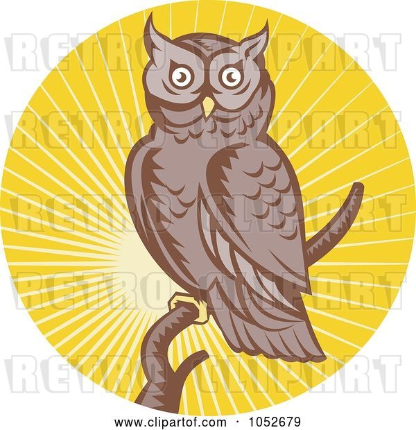Vector Clip Art of Retro Owl over Yellow Rays Logo