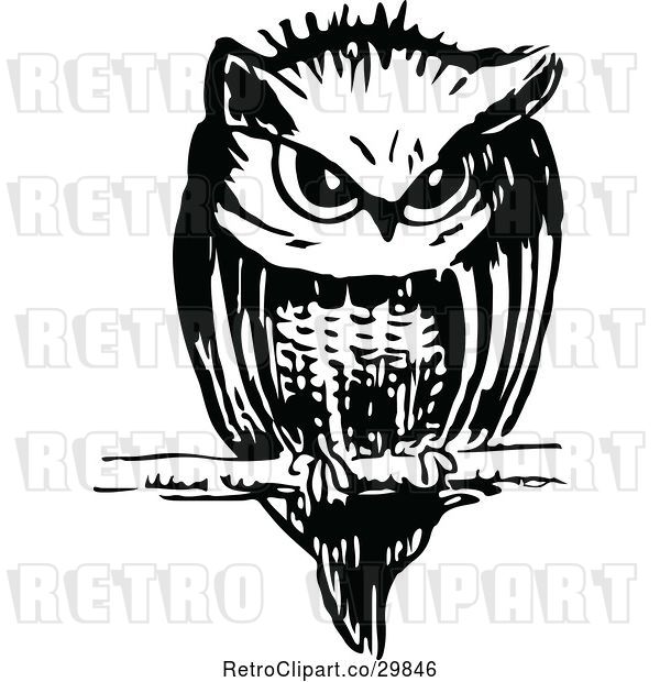 Vector Clip Art of Retro Owl Resting on a Twig