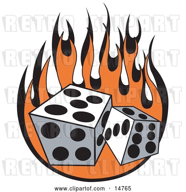 Vector Clip Art of Retro Pair of Dice Rolling over Flames at a Casino