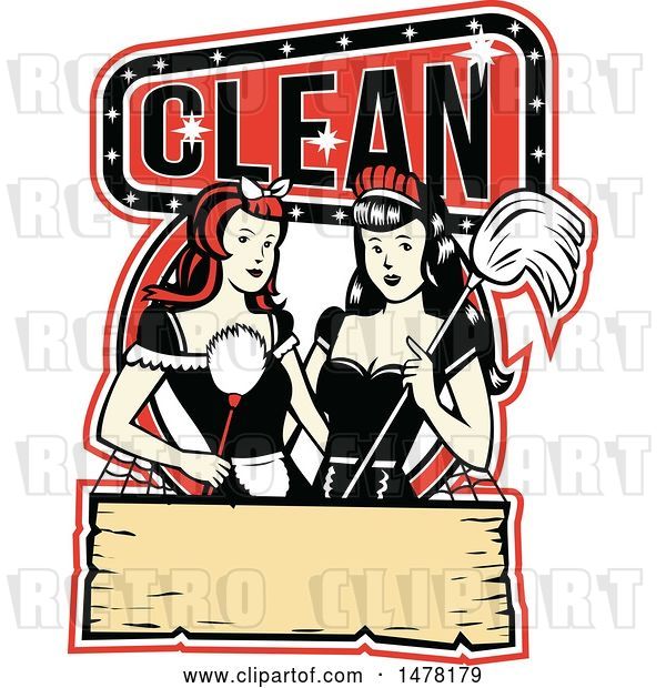 Vector Clip Art of Retro Pair of Maids with a Mop and Duster in a Clean Design