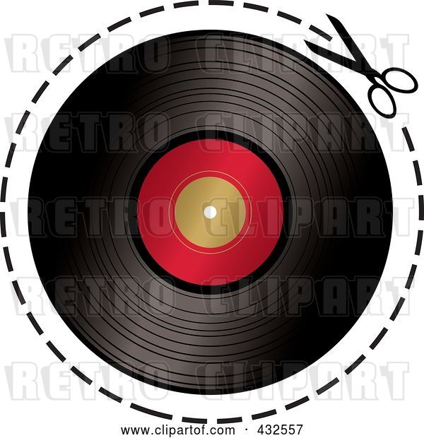 Vector Clip Art of Retro Pair of Scissors Cutting on a Dotted Line Around a Vinyl Record