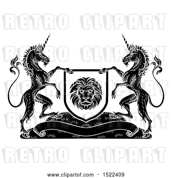 Vector Clip Art of Retro Pair of Unicorns Flanking a Lion Shield over a Banner,