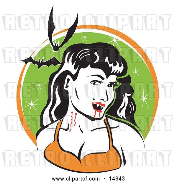 Vector Clip Art of Retro Pale, Black Haired Female Vampire with Blood Dripping off of Her Fanges and onto Her Chin, Showing the Bite Marks on Her Neck While Two Bats Fly Above